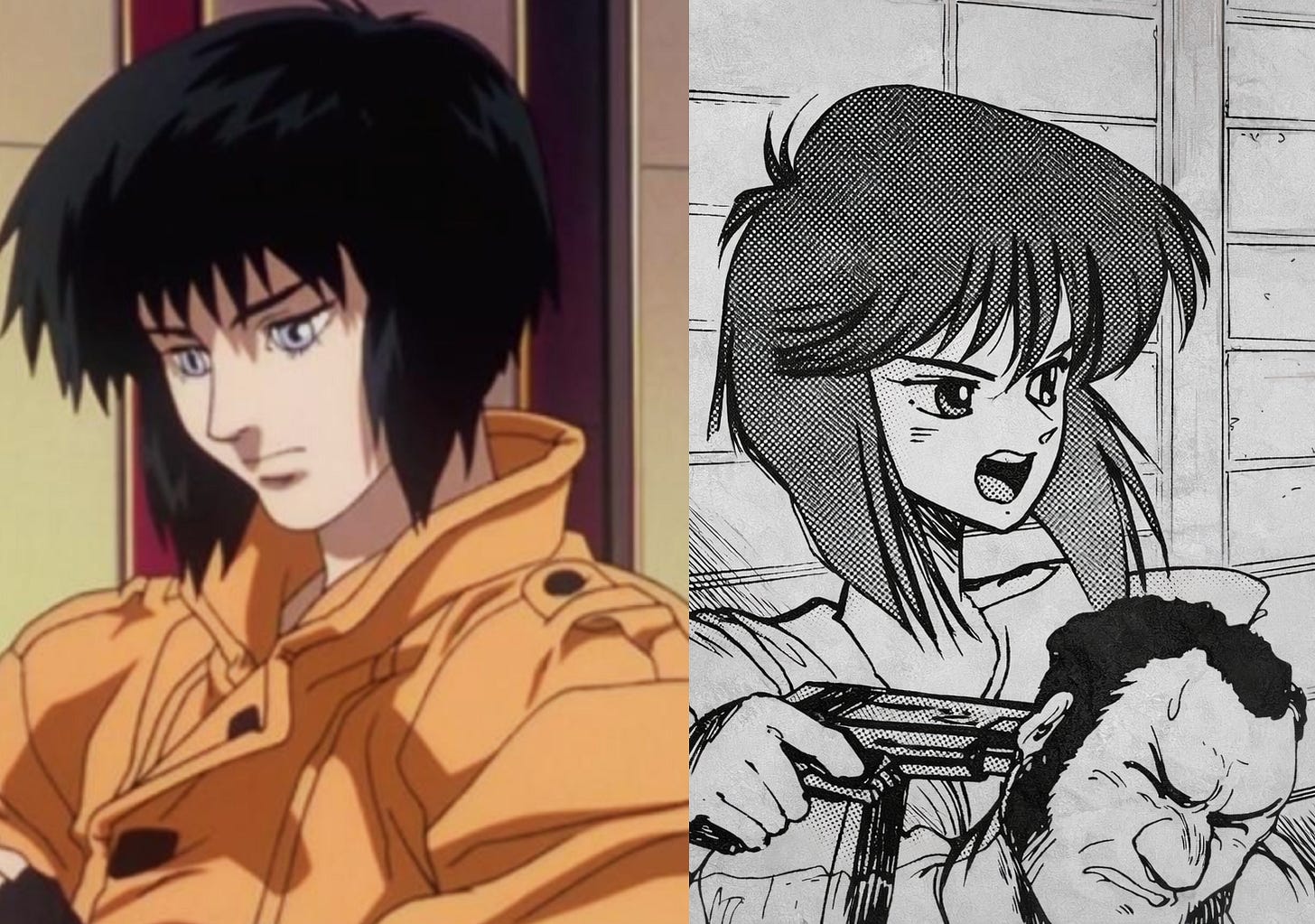 Left: Motoko in Mamoru Oshii's 1995 adaptation of Ghost in the Shell. Right: Shirow Masamune's original manga.