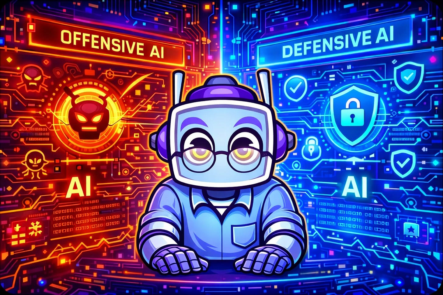 Illustration of a robot analyzing split-screen panels comparing offensive AI and defensive AI, with red cyber-attack visuals on one side and blue security shields on the other, set against a neon digital circuitry background.