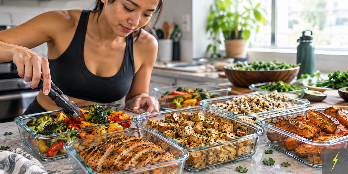 A woman preps batches of chicken, seasoned tofu, baked sweet potatoes, and roasted vegetables in glass meal-prep containers. Deals on kitchen gear and premium meal-prep content at AthleteMealPrep.com