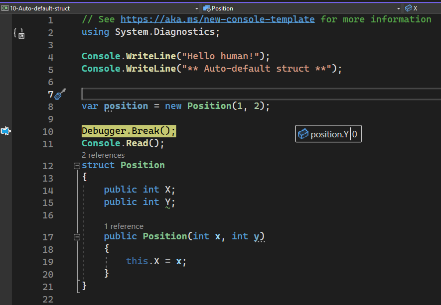 C# 11, definición de un struct. La propiedad Y no está inicializada y el compilador la ha inicializado a cero C# 11, definición de un struct. La propiedad Y no está inicializada y el compilador la ha inicializado a cero
