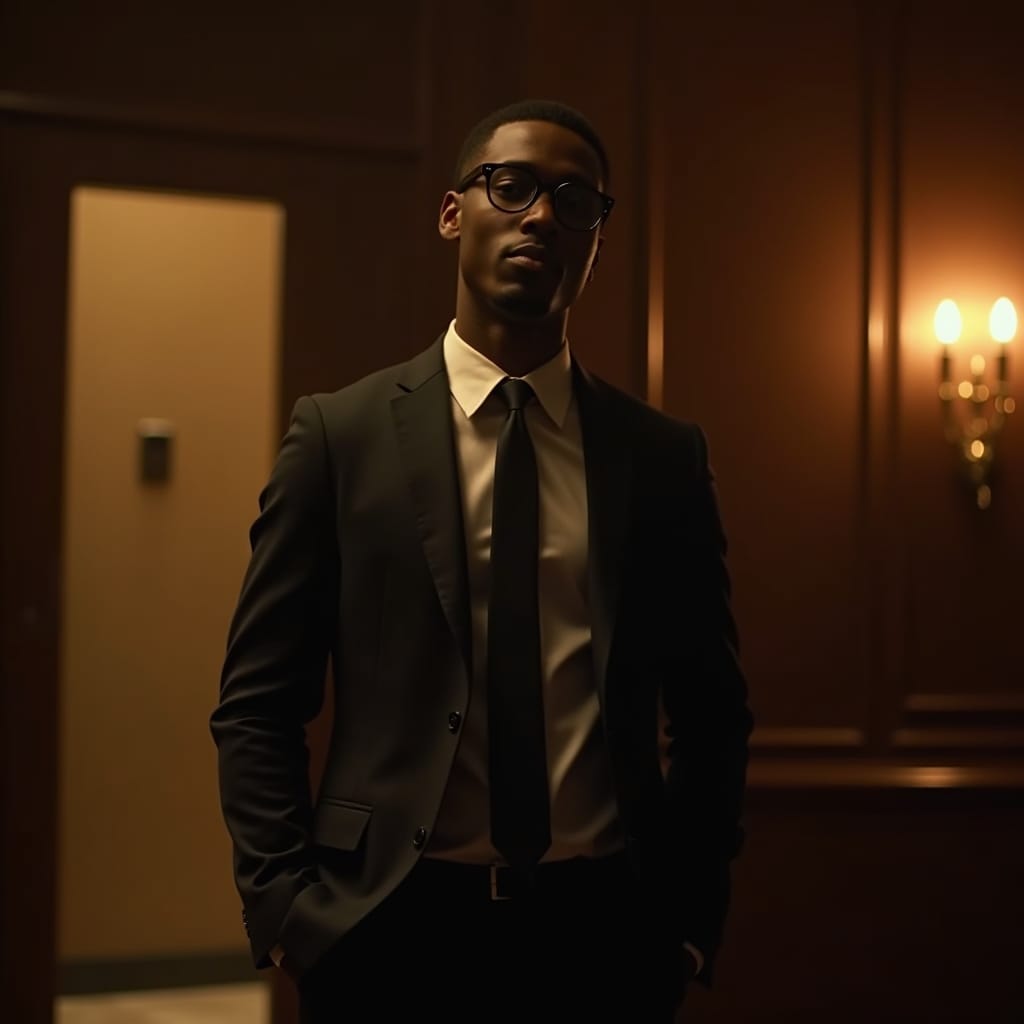 A young black professional, dressed in sleek business attire, stands confidently in a dimly lit, luxurious office environment, surrounded by warm, golden tones and deep shadows, evoking a sense of power and sophistication.