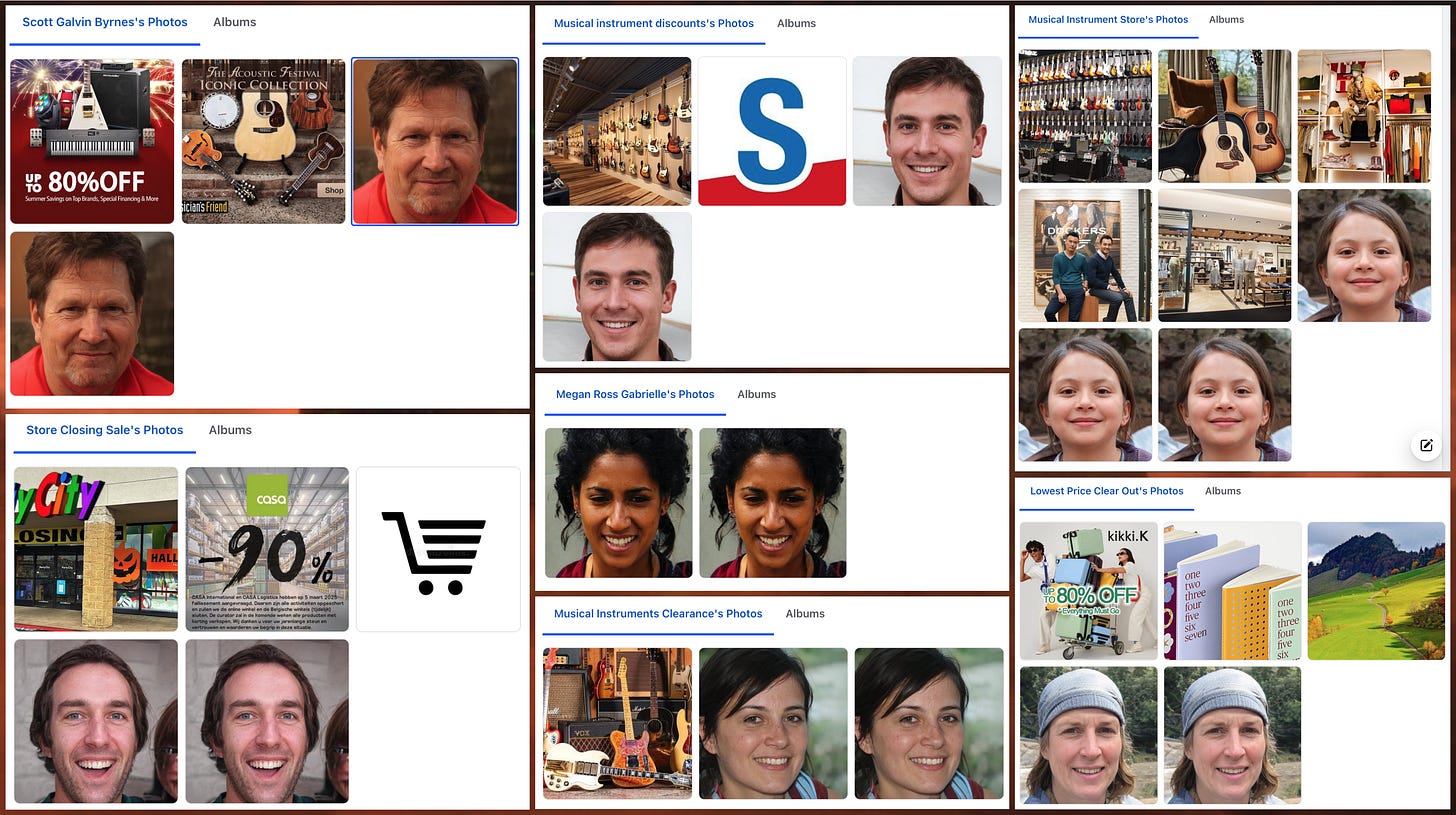 screenshots of StyleGAN-generated faces posted by seven of the Facebook pages serving ads for fake musical instrument stores