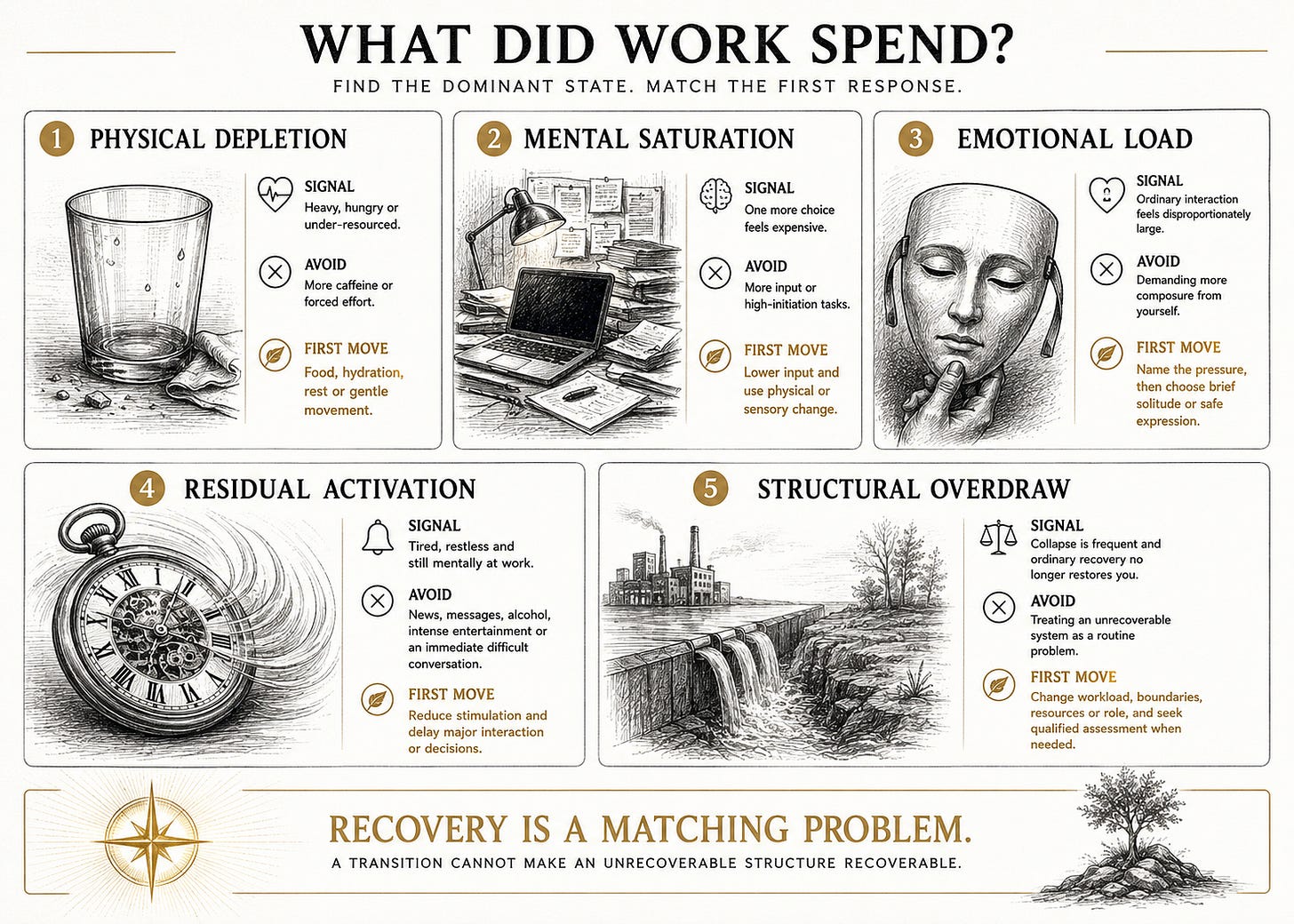 Five-card infographic matching physical depletion, mental saturation, emotional load, residual activation and structural overdraw with an appropriate first response. Five-card infographic matching physical depletion, mental saturation, emotional load, residual activation and structural overdraw with an appropriate first response.