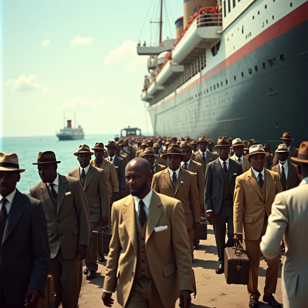 Historical HMT Empire Windrush ship arriving in Britain, 1940s, warm sunlight casting long shadows, clear blue skies, calm waters, reflecting the optimism of the era. Black Jamaican passengers, dressed in authentic attire, bustling on deck: men in suits, fedoras, and trilbies, some holding vintage suitcases, others wearing casual work clothing; women in modest, knee-length dresses, headscarves, and pearl necklaces, exuding hope, curiosity, and pride. The ship's massive structure towers behind, 'Windrush' emblazoned on its side in bold, Art Deco lettering. Inspired by the cinematography of Roger Deakins, influenced by the vibrant colors of Gordon Parks, and the poignant realism of Malick Sidibé, with a touch of classical Hollywood grandeur.