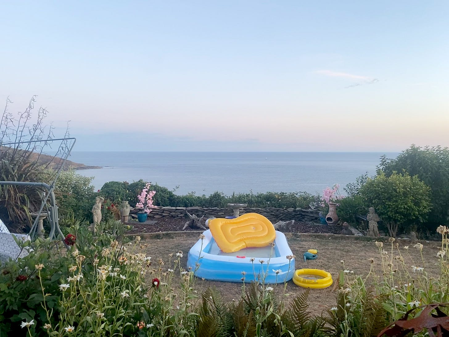 Image of a garden on clifftop. Sea behind at dusk. In the centre there's a paddling pool with an inflatable floating in it. In the foreground, flowers