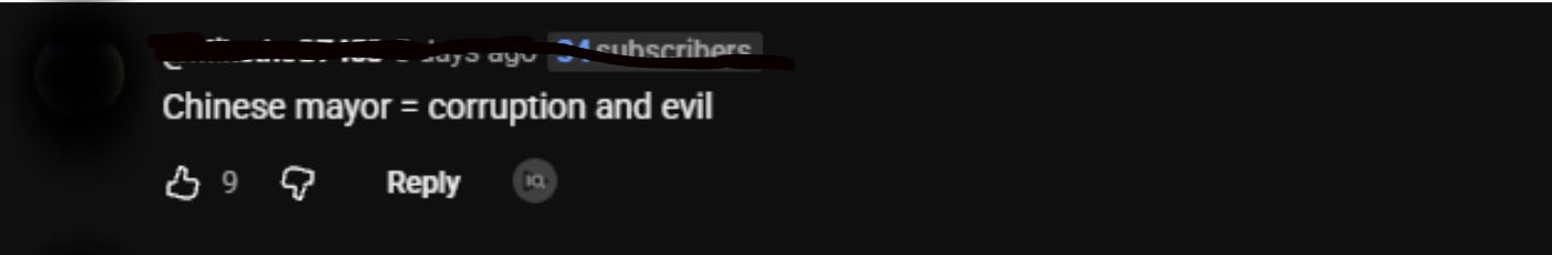YouTube comment calling the Hmong former mayor Chinese and associating Chinese mayors with corruption and evil.