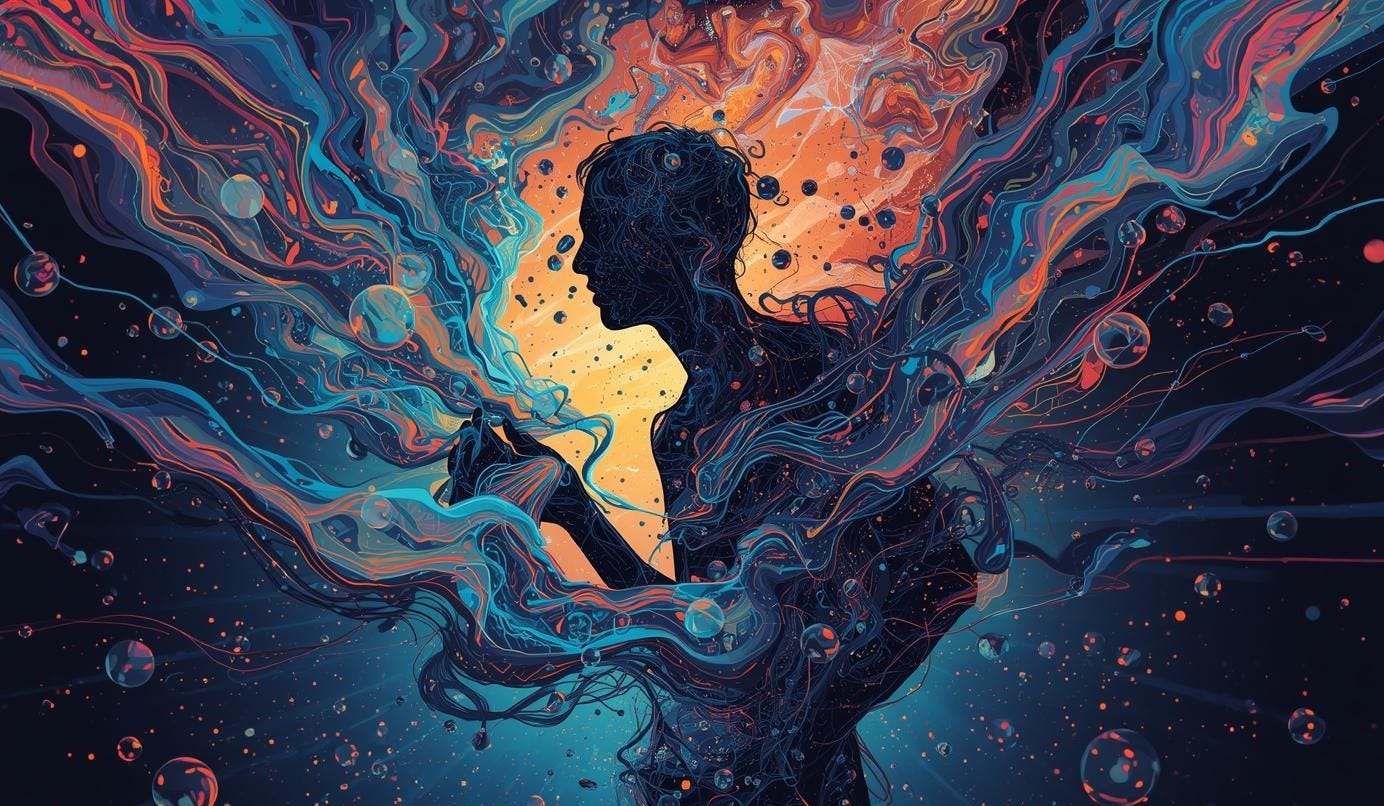 Mixed-media abstract painting representing the mind in transition. Fragmented geometric forms dissolve into fluid organic shapes across a horizontal canvas.