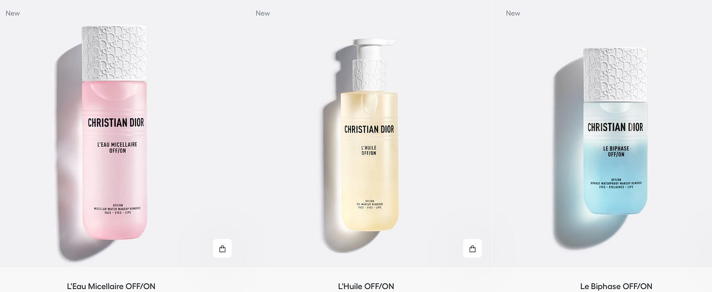 An image of the new Dior Beauty cleansing routine that consists of L'Eau Micellaire, L'Huile and Le Biphase An image of the new Dior Beauty cleansing routine that consists of L'Eau Micellaire, L'Huile and Le Biphase