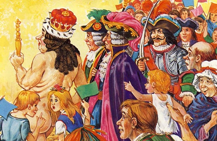 Various illustrations from childrens editions of The Emperor's New Clothes by Hans Christian Anderson