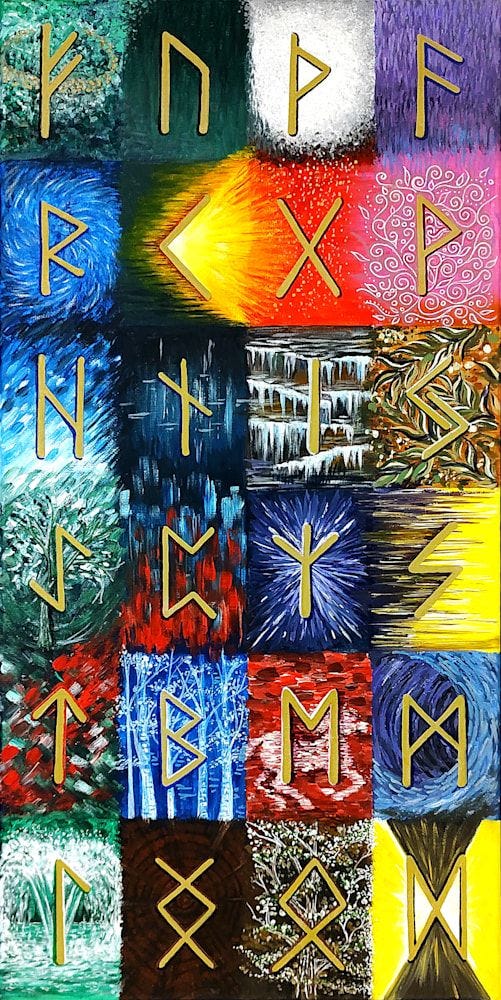 This contains: Elder Futhark, Runes, Original Painting, Artwork, Wall Art, Educational, Ancient Mysteries, Nordic, Magic, Witch, Divination