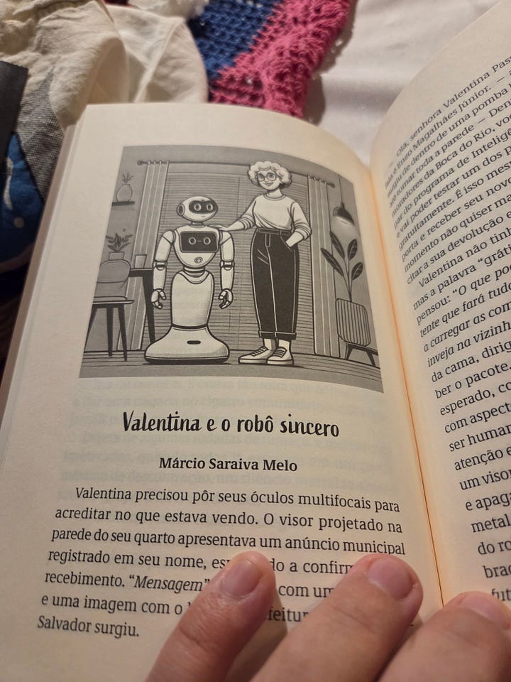 Livro Ridendo Castigat Mores, Terra Redonda. Na página aberta está o capitulo Valentina e o Robô sincero, meu nome logo abaixo Marcio Saraiva Melo
