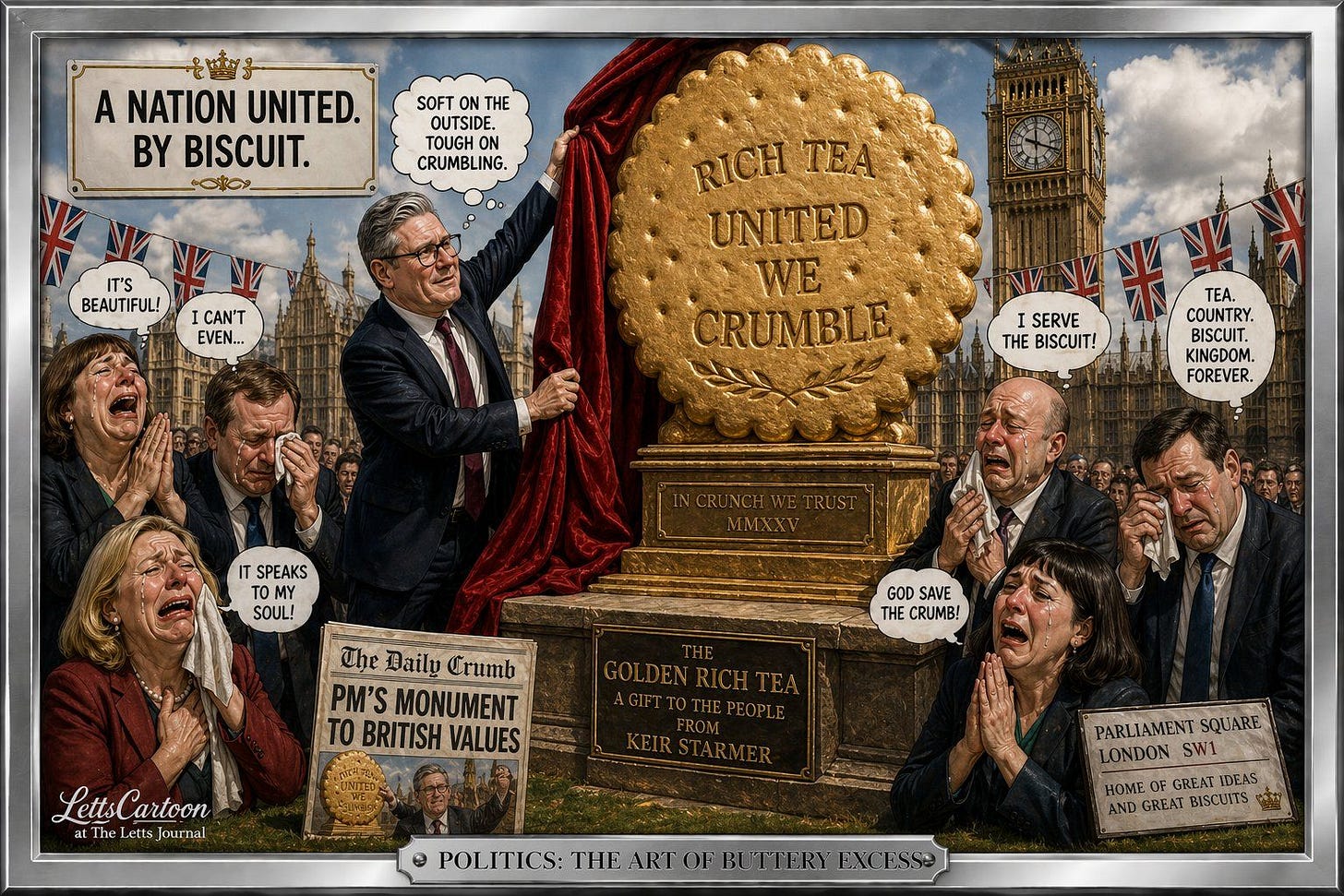Keir Starmer Cartoon Unveiling Statue of a Biscuit