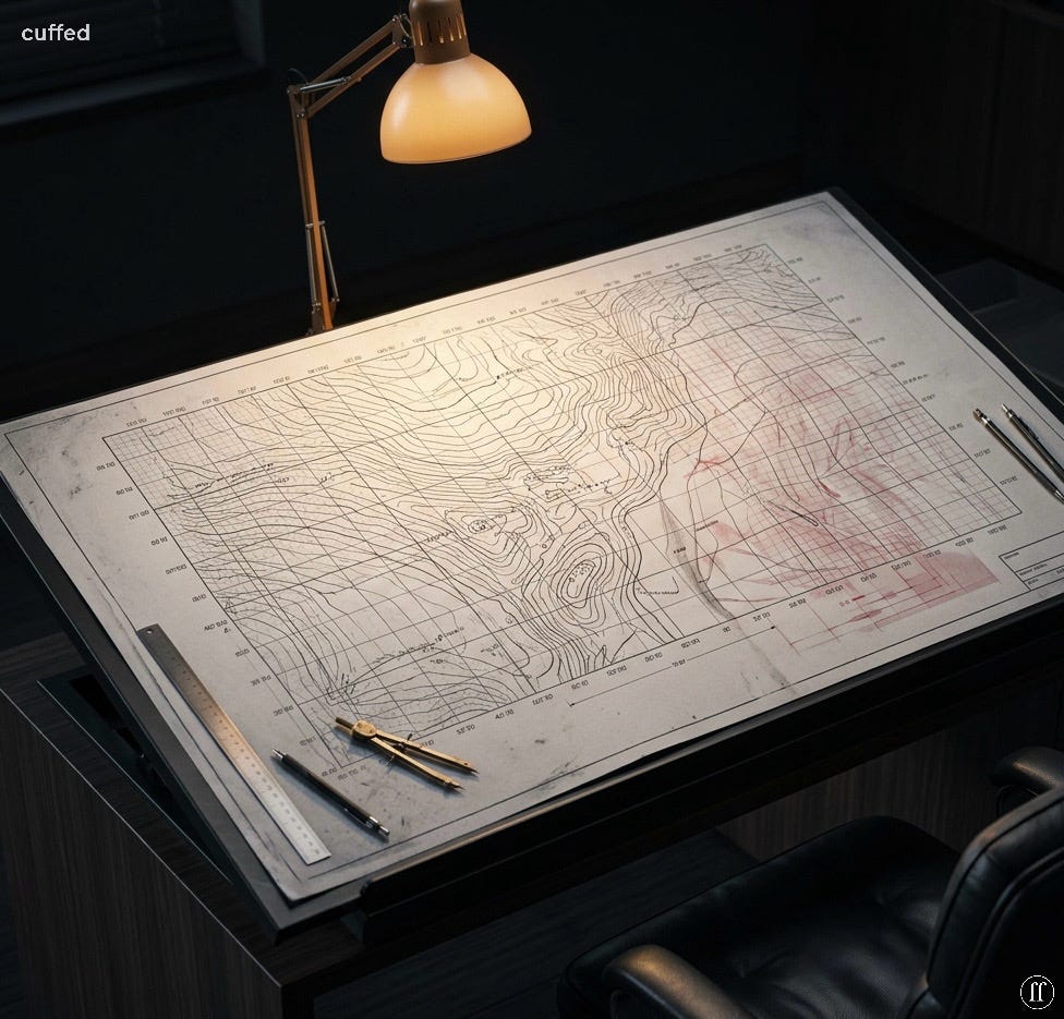 a drafting table under warm lamplight holds a large topographic map with pencil corrections marked in red. a compass and ruler rest at the edges. matte black background. cream and aged paper tones. gold brass instruments. the image evokes precision, navigation, and the cost of reading the map wrong. masculine editorial aesthetic. cuffed ff logo bottom-right. — "intellectual honesty" "self-deception" "masculine introspection" "trust arc" "orientation system"