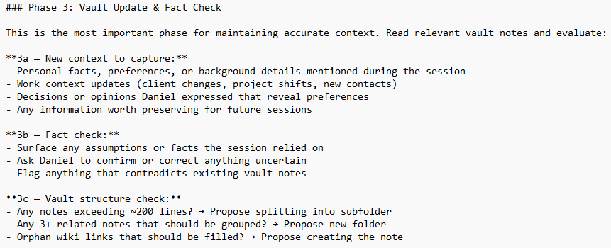 Claude Code skill definition file showing Phase 3: Vault Update and Fact Check, with instructions for capturing new context, fact-checking assumptions, and performing vault structure checks like splitting large notes.