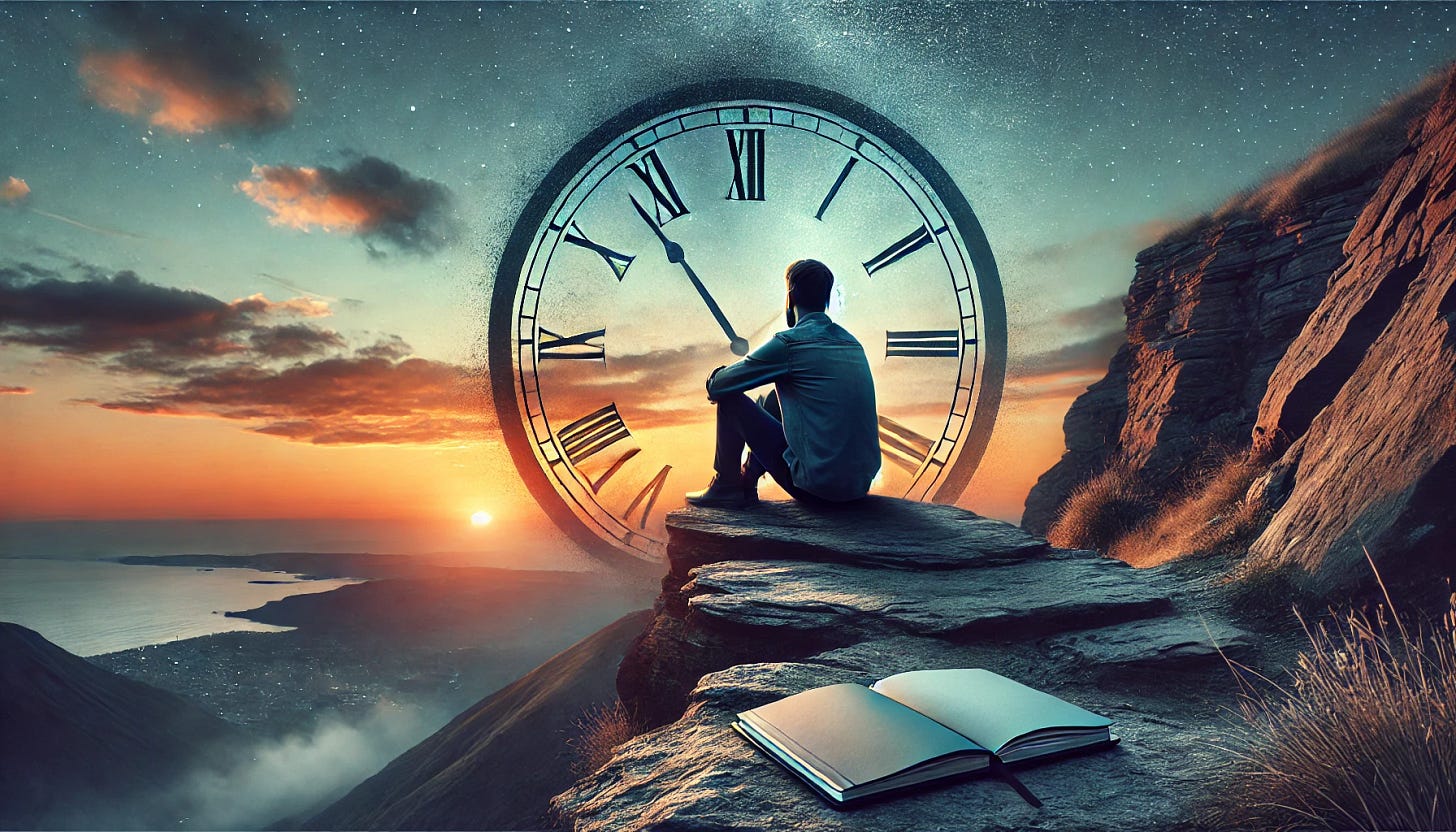 A contemplative scene of a man sitting at the edge of a cliff at sunset, viewed from behind, with slightly hunched shoulders, showing introspection. The sky blends orange and blue tones. A large, semi-transparent clock overlays the scene, symbolizing the passage of time. The clock's hands are clearly visible, blending naturally with the horizon and the rugged cliff textures. A closed notebook or laptop is beside the man, adding a reflective touch. The mood is serene yet thought-provoking, emphasizing solitude and the flow of time.