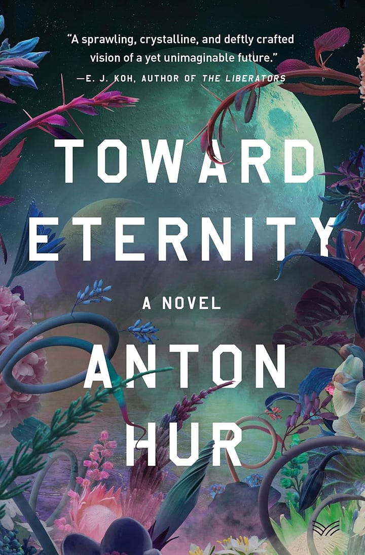Book covers of In Ascension by Martin MacInnes, Toward Eternity by Anton Hur, The Hole by Hiroko Oyamada, Breasts and Eggs by Mieko Kawakami, and Counterweight by Djuna