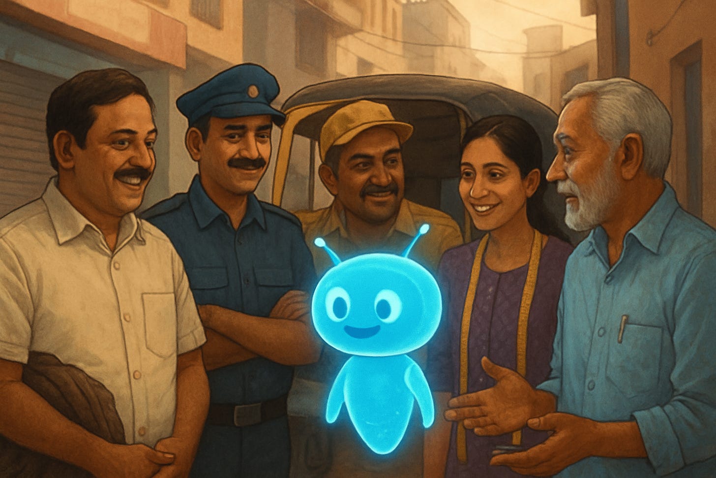 Indian blue-collar workers interacting with an AI companion in a warm, engaging urban setting.