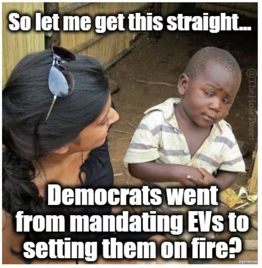 May be an image of 2 people and text that says 'So let me get this straight... Democrats went from mandating EVs to setting them on fire? zipmeme'