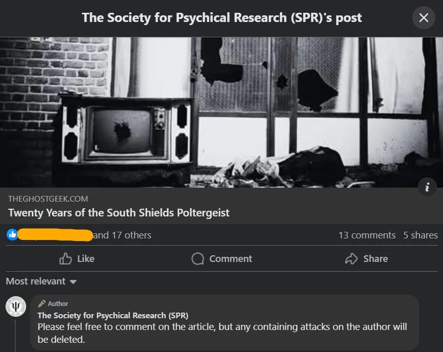 screenshot of a Facebook post for The Ghost Geek on the Society for Psychical Research page