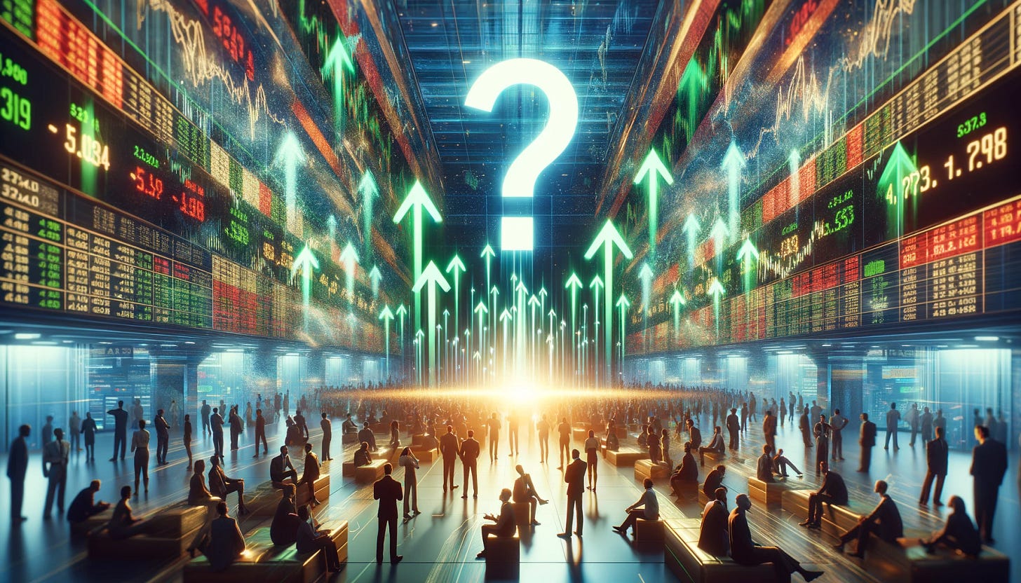 A wide, horizontal conceptual artwork capturing the essence of stock markets at their peak, inviting speculation on the advisability of selling. The scene unfolds in a bustling, vibrant stock exchange filled with dynamic displays of green arrows pointing upwards, symbolizing soaring stock prices and historical highs. In the midst of this financial frenzy, a diverse group of investors gathers, their focus drawn to a large, luminous question mark suspended in the air above the market, representing the uncertainty and strategic considerations of whether to sell at the apex. The atmosphere should evoke a blend of modern financial dynamics and abstract interpretation, filled with anticipation and the gravity of making significant decisions.