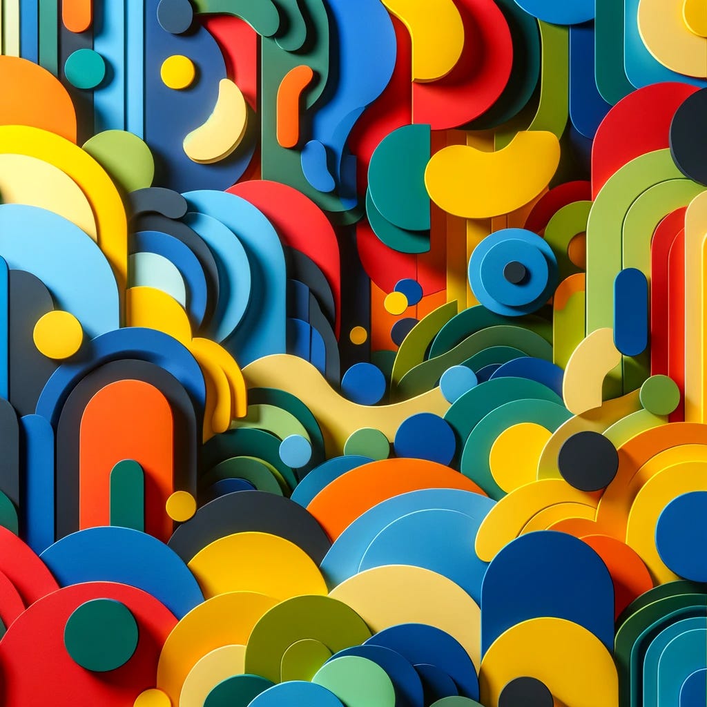 Imagine a vibrant and abstract composition that captures the essence of colored paper cutouts. The scene is filled with bold, irregular shapes in a variety of colors that overlap and interplay, creating a dynamic and rhythmic visual effect. The color palette is diverse, featuring deep blues, bright yellows, rich reds, and lush greens, all with a matte texture as if they were cut from colored construction paper. The composition is balanced and lively, with a sense of movement and harmony, evoking a joyful and creative atmosphere.