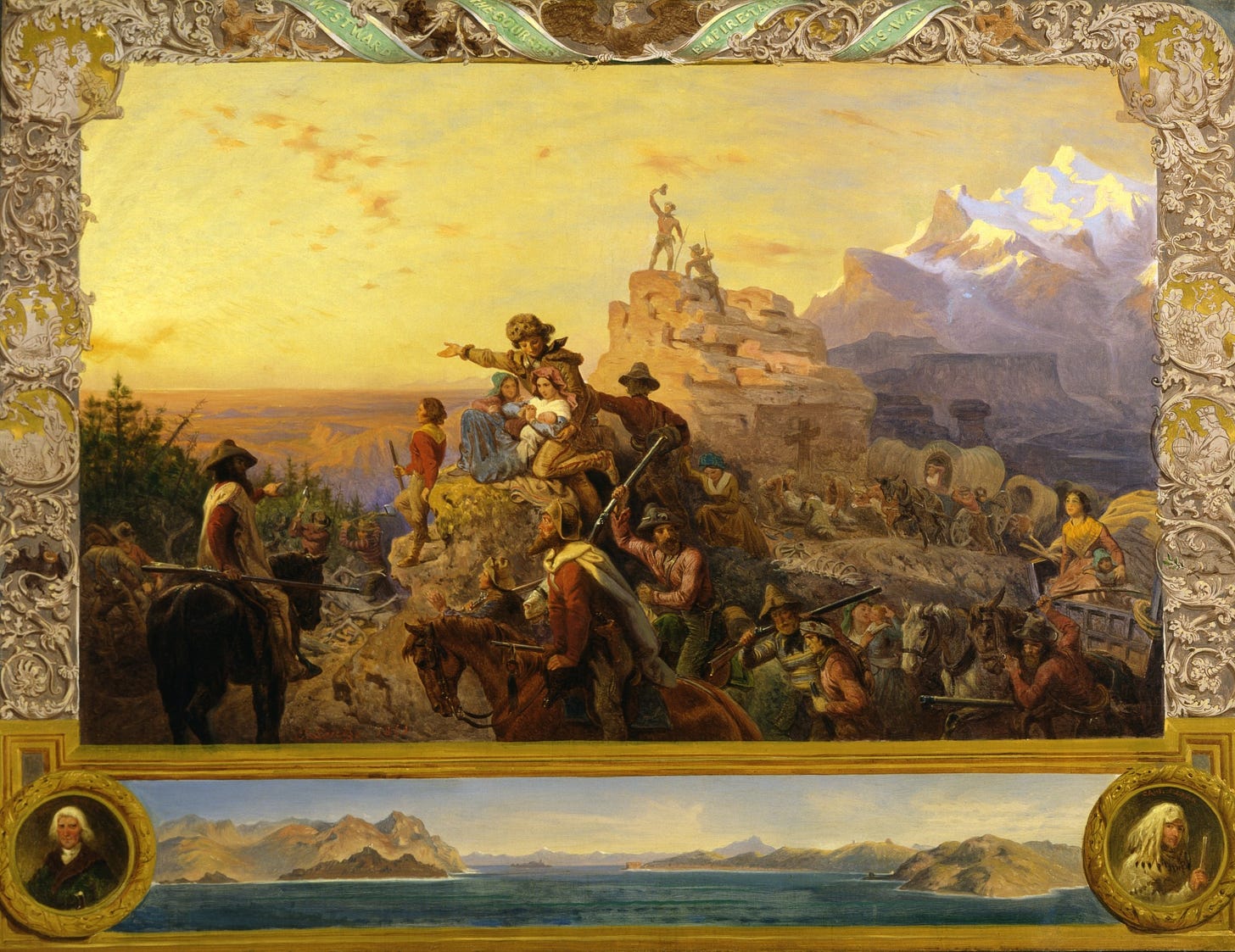 dramatic Western mountain landscape with white people riding across it and gesturing foward
