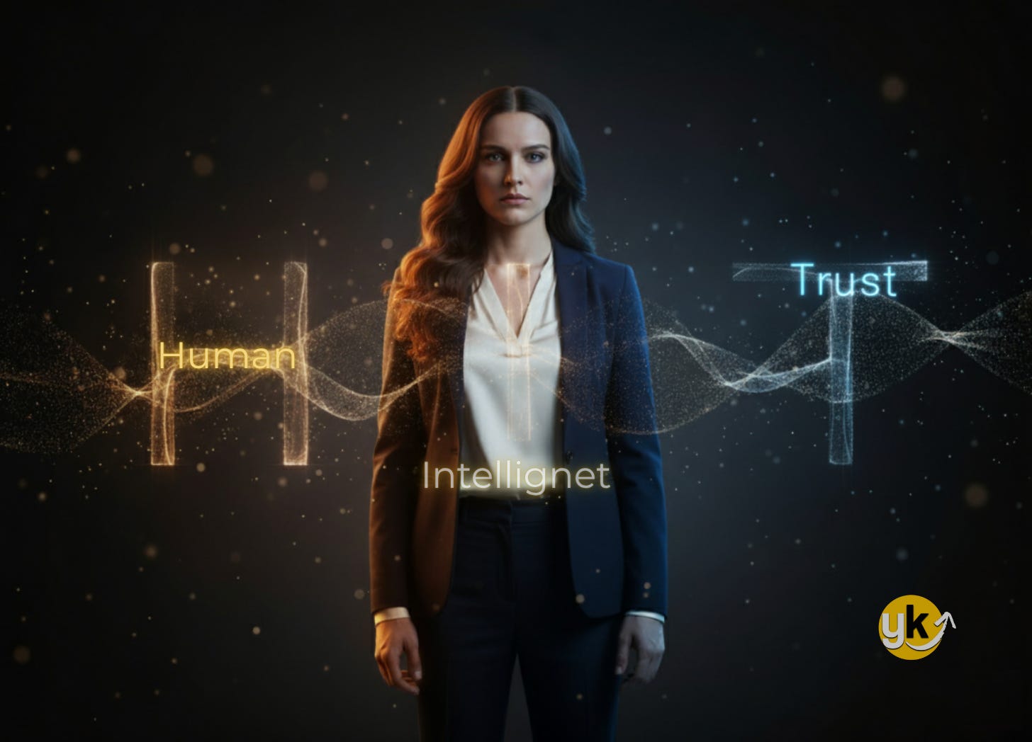 Kadın girişimci, karanlık dijital bir arka planda parlayan veri akışlarının ortasında duruyor. H.I.T. Framework®’ün temsil ettiği insan güveni, yapay zekâ zekâsı ve markasal otoriteyi sembolize eden sinematik sahne.