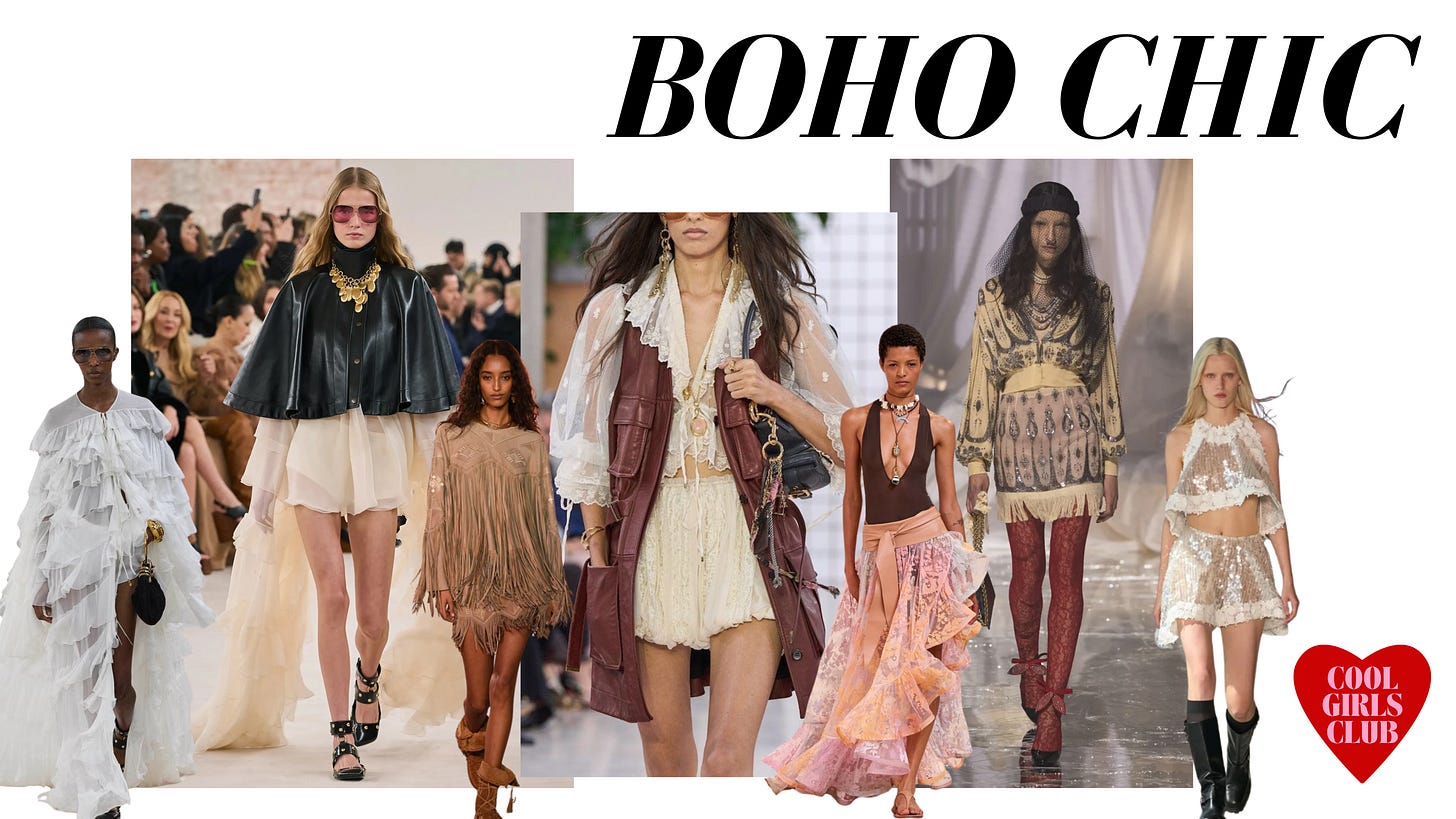 2- Boho Chic - The Ultimate Cool Girl Look Boho chic is making its comeback—effortless, eclectic, and totally care-free, but with a modern, elevated twist. Think romantic ruffles, rich textures, sequins, beaded details, and flowing silhouettes that bring together free-spirited vibes with a touch of sophistication. This season’s boho has a mix of fringe, lace, sequins, studs, suede, and airy layers, paired with unexpected touches like structured leather, bold accessories, and daring prints. Whether you’re rocking a flowy maxi, a fringed mini, or a sheer embroidered blouse, the secret to this trend is all about layering and mixing textures for a look that feels both effortless and intentional. 2- Boho Chic - The Ultimate Cool Girl Look Boho chic is making its comeback—effortless, eclectic, and totally care-free, but with a modern, elevated twist. Think romantic ruffles, rich textures, sequins, beaded details, and flowing silhouettes that bring together free-spirited vibes with a touch of sophistication. This season’s boho has a mix of fringe, lace, sequins, studs, suede, and airy layers, paired with unexpected touches like structured leather, bold accessories, and daring prints. Whether you’re rocking a flowy maxi, a fringed mini, or a sheer embroidered blouse, the secret to this trend is all about layering and mixing textures for a look that feels both effortless and intentional.