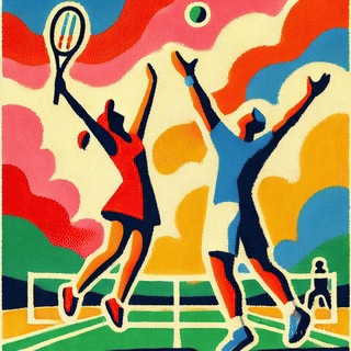 A vibrant illustration of a man and woman celebrating a tennis victory, with colorful abstract backgrounds depicting excitement and joy.