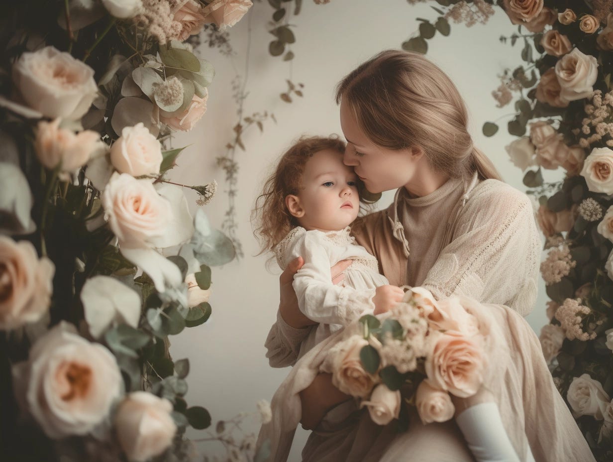 high quality + high detailed delicate spring + bright photo in happiness muted colors of a girl holding a small child and also for rose flowers high quality + high detailed delicate spring + bright photo in happiness muted colors of a girl holding a small child and also for rose flowers