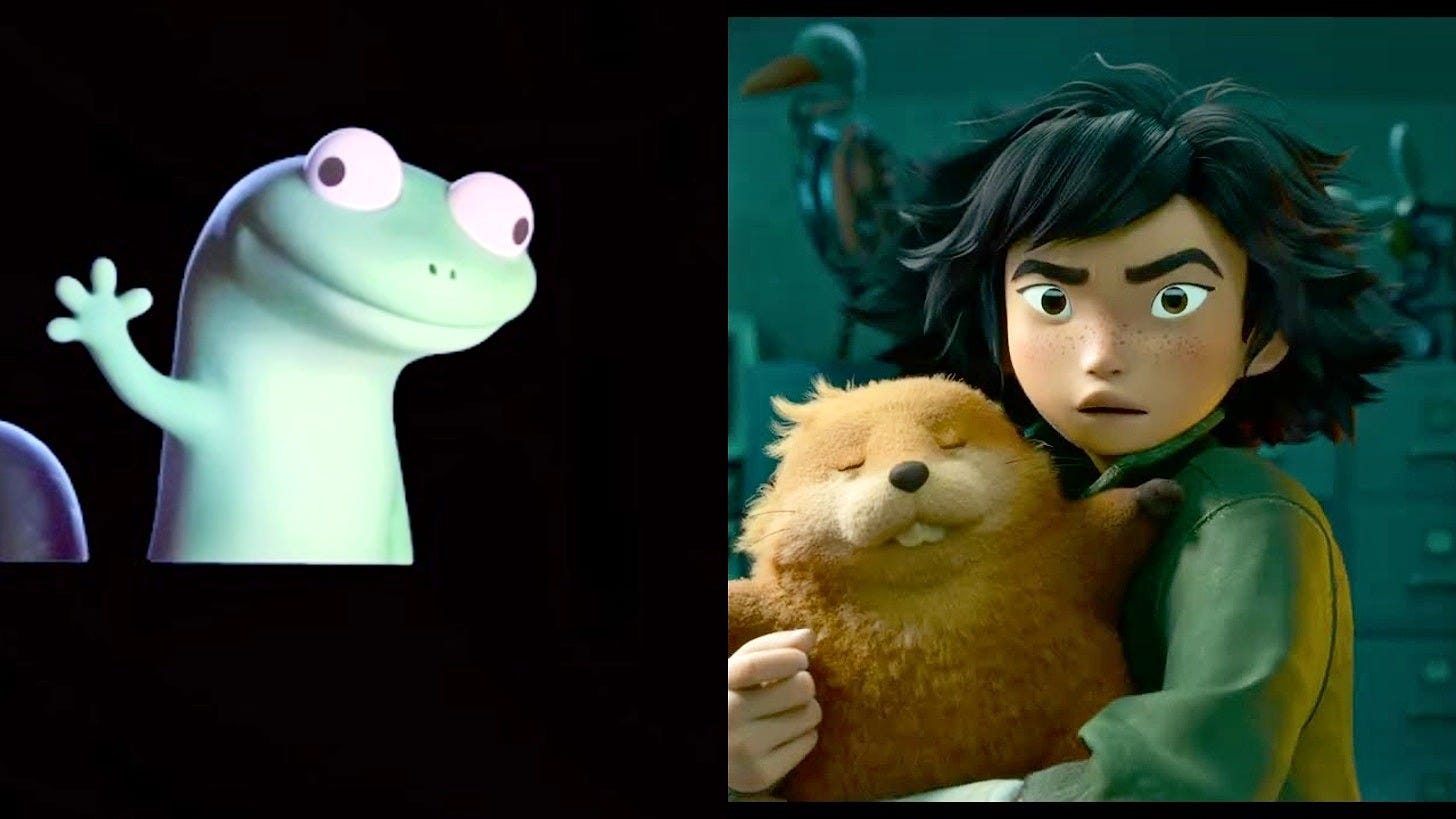 Tom the Lizard, left, and Mabel with her robotic beaver in Hoppers. Images: Pixar