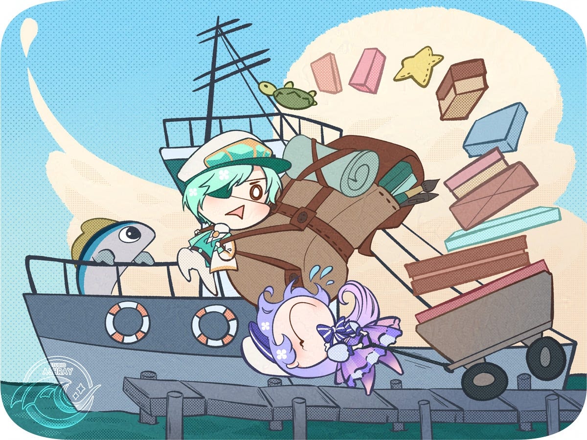 A chibi art of our mascots: Tuna, Luscis and Mizuki dragging overflowing luggages into the boat by the docks.
