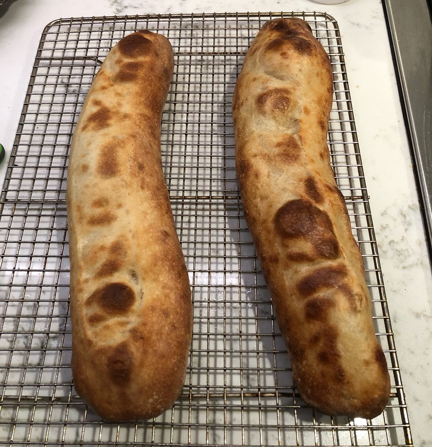 Two homemade hoagie rolls cooling on a rack. They both have very blotchy, uneven colour and both have a bend in the middle so they are curved instead of straight.