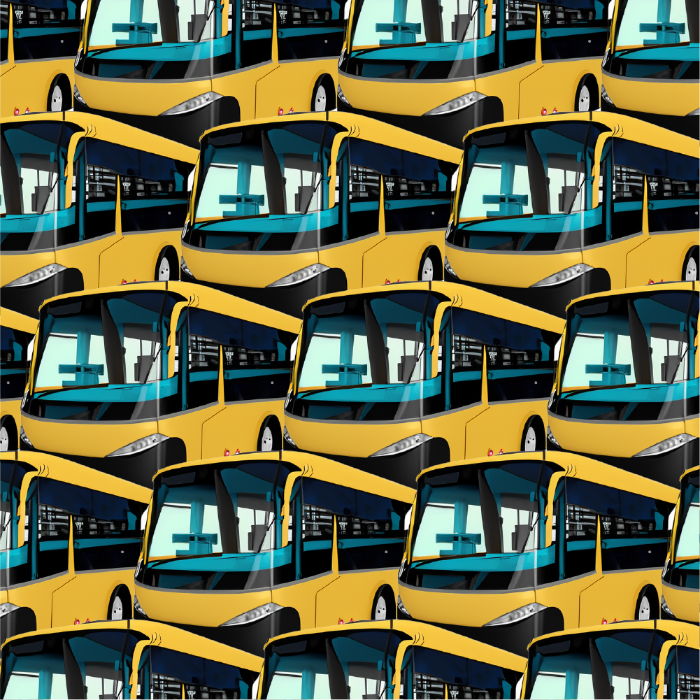 Imagem de ônibus amarelo replicada múltiplas vezes formando padronagem.