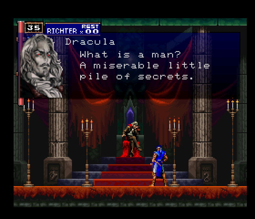 A screen capture of a Castlevania video game. Dracula is seated on a throne and his text caption reads "What is a man? A miserable little pile of secrets."