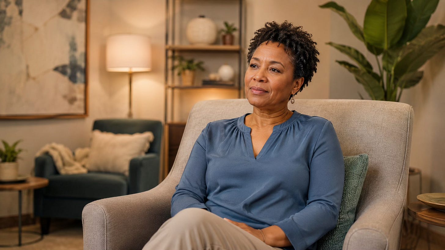 Woman sitting calmly in a therapeutic coaching space, representing feeling supported and more grounded through inner work.