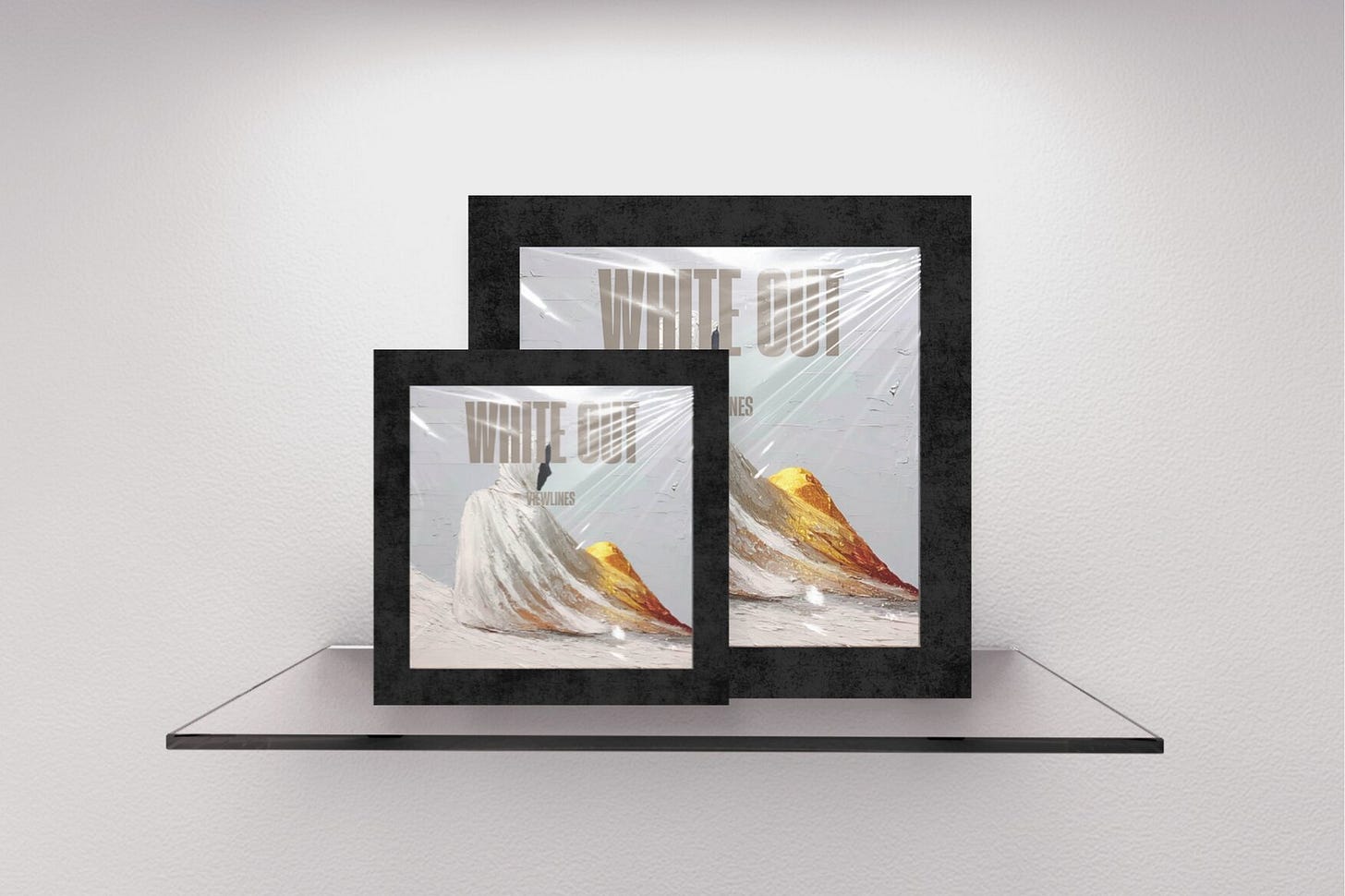 Two staggered magazine covers with thick textured black borders on a gallery shelf. The front cover features a figure in a white-and-gold burka. Tall typography reading "WHITE OUT" is layered over the image. Part of the Viewlines series at The Subtext Review.