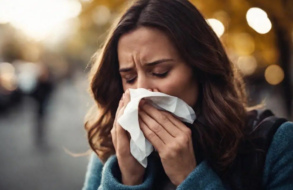 During autumn, a young woman suffering from allergies sneezes and blows her nose frequently.