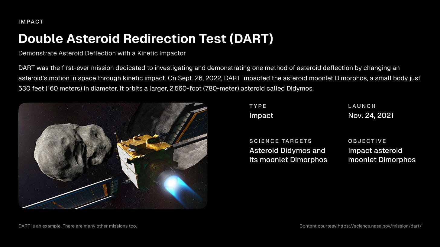 Impact spacecraft example - Double Asteroid Redirection Test (DART) (Demonstrate Asteroid Deflection with a Kinetic Impactor) Impact spacecraft example - Double Asteroid Redirection Test (DART) (Demonstrate Asteroid Deflection with a Kinetic Impactor)