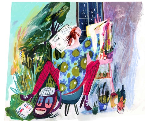 A selection of six images from different projects, including illustrations, a mural fragment, professional artwork, sketching scenes and pages from wine sketchbooks
