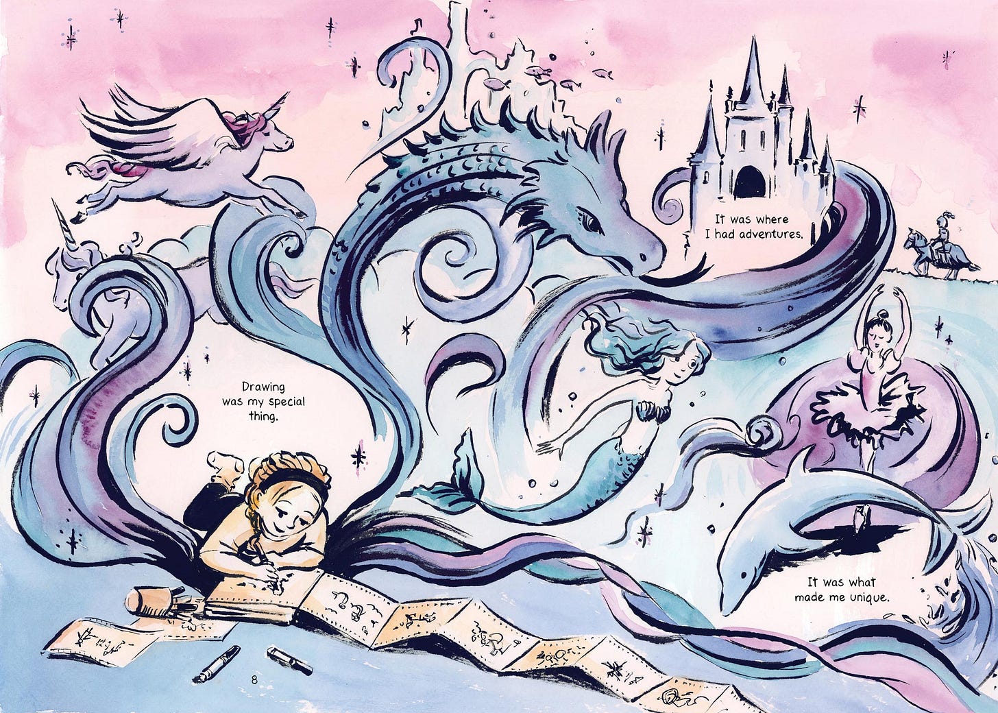 Watercolor comic in pink and blue showing cartoonist K. Woodman-Maynard as a child drawing fantasy worlds.