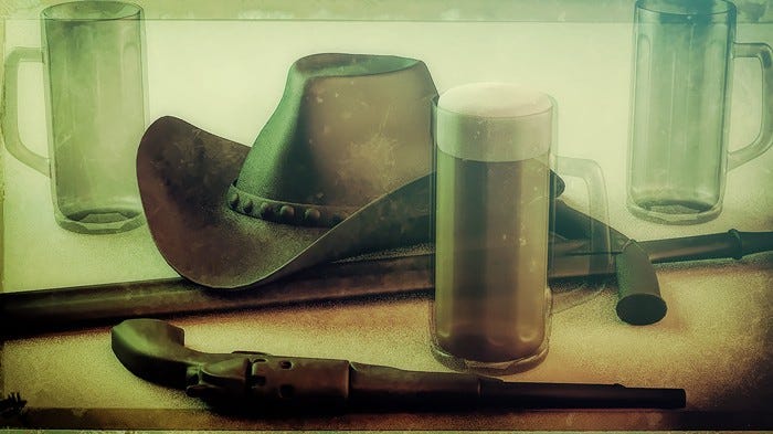 Artistic illustration of a cowboy hat on a bar with a pint of beer, an old pistol and a sword Artistic illustration of a cowboy hat on a bar with a pint of beer, an old pistol and a sword