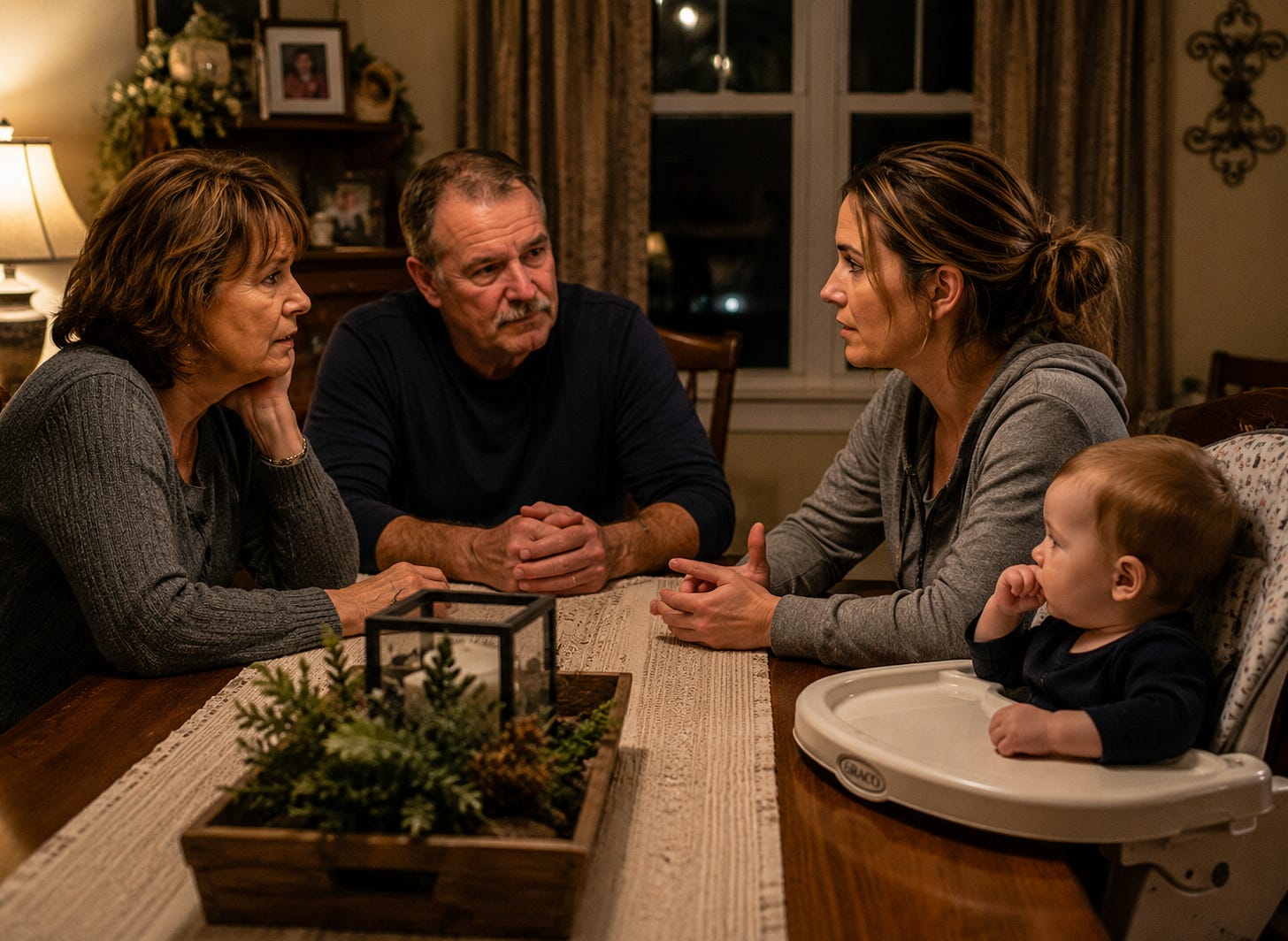 A warm family dining room scene featuring an older mother, father, adult daughter, and a 1-year-old child in a high chair, engaged in a serious yet caring after-dinner conversation around a wooden table. A warm family dining room scene featuring an older mother, father, adult daughter, and a 1-year-old child in a high chair, engaged in a serious yet caring after-dinner conversation around a wooden table.