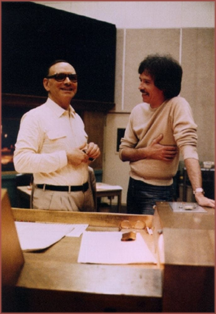 Photograph of Ennio Morricone and John Carpenter together in 1981, during the preparation of The Thing score. Photo via Son et Lumière / sonetlumiereblog.wordpress.com.