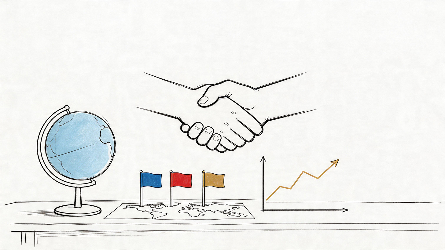 A conceptual sketch showing a globe, world map with flags, and a rising growth chart representing global cooperation.
