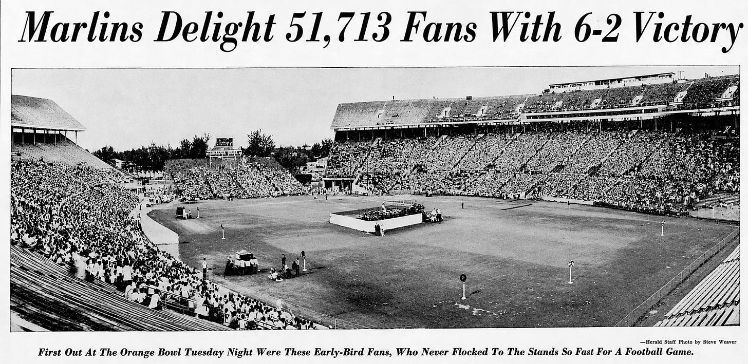 Headline in the Miami Herald on August 8, 1956, the day after the game. Courtesy of the Miami Herald, photographer Steve Weaver. Headline in the Miami Herald on August 8, 1956, the day after the game. Courtesy of the Miami Herald, photographer Steve Weaver.