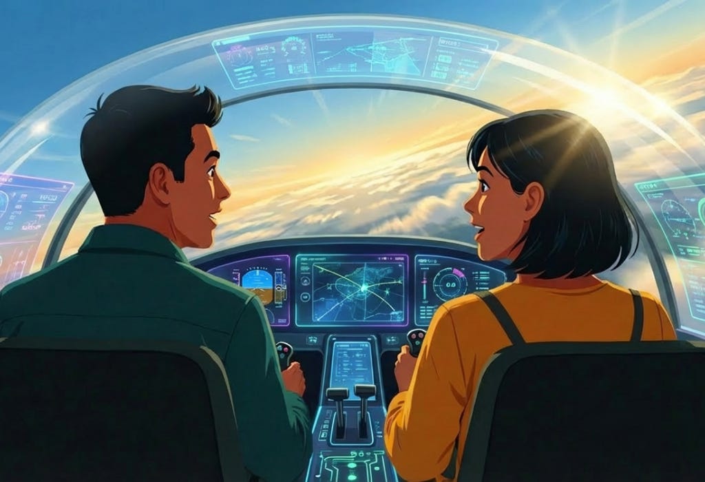 An illustration of a man and a woman pilots flying a plane high in the sky, at high speed, and in a high-tech cockpit. An illustration of a man and a woman pilots flying a plane high in the sky, at high speed, and in a high-tech cockpit.