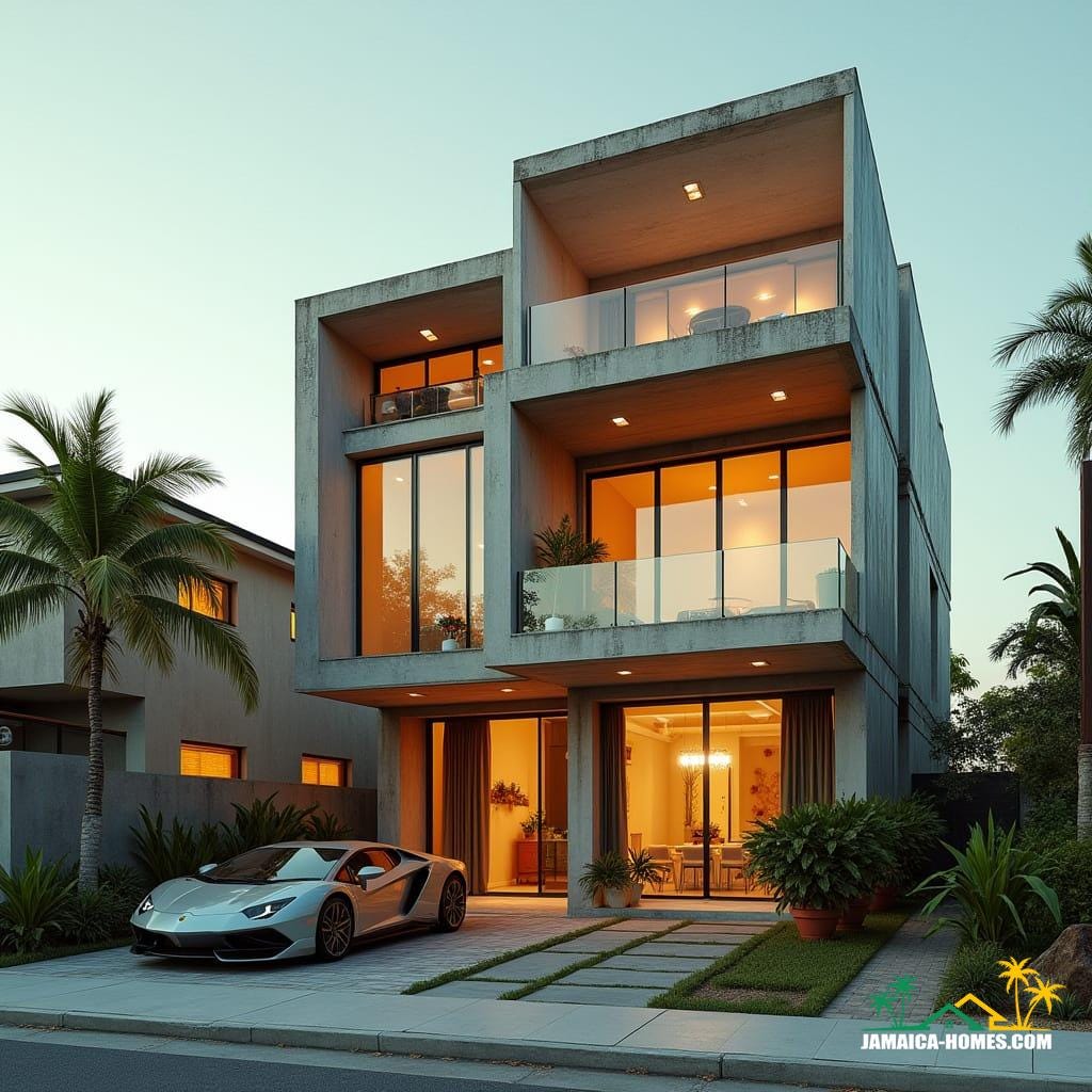 A creative Jamaican townhouse in Kingston made from stacked shipping containers and concrete blocks, bold geometric forms, large square windows, and flat roof with rooftop spa. Industrial chic detailing, rooftop garden.