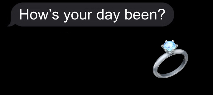 A text from a sender that says, "How's your day been?" and a reply with an emoji of a wedding ring