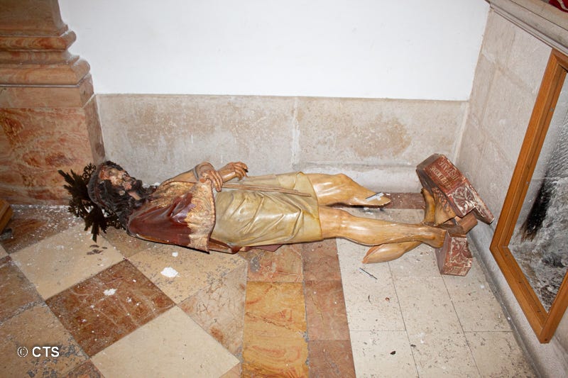 A damaged statue of Jesus in the Church of the Flagellation in Jerusalem’s Old City, Thursday, Feb. 2, 2023. 